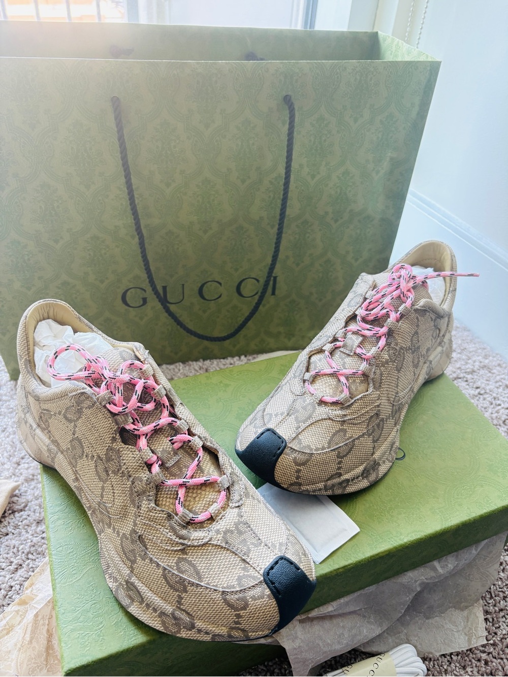 Gucci Beige GG Canvas Sneakers with Pink Laces